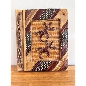 Handmade Vintage Tribal Photo Album: Bamboo & Leaf Cover, Embossed Lizards